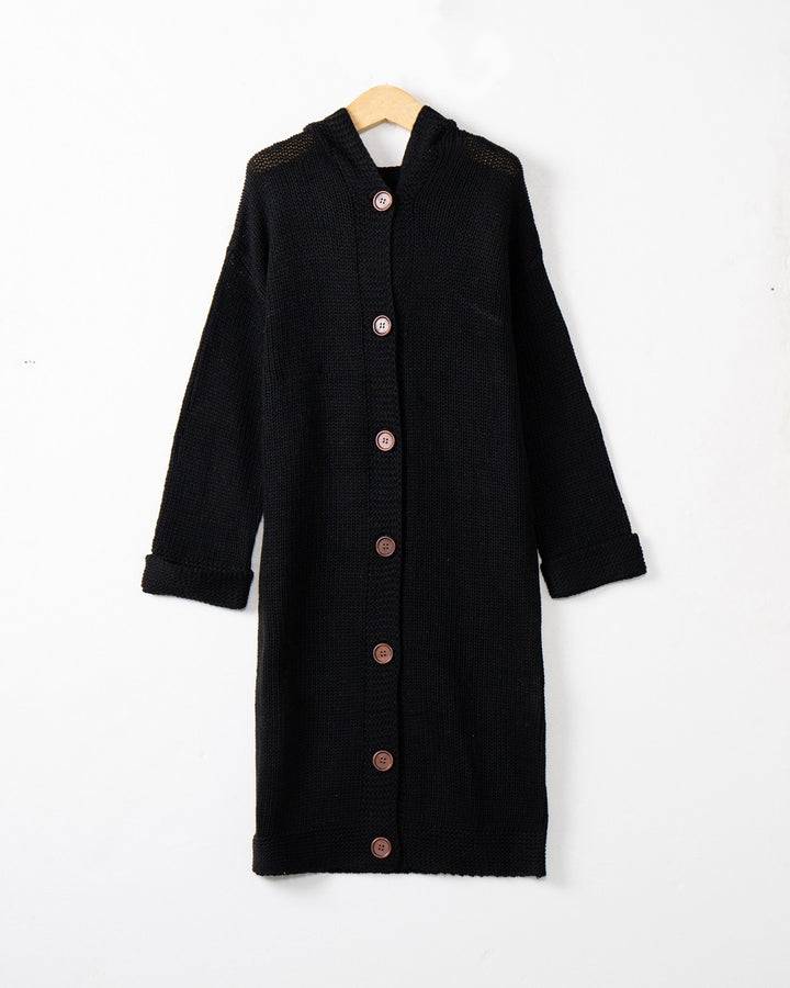 Damen Kapuzen-Longcardigan aus mitteldickem Rippstrick mit durchgehender Knopfleiste und lockerem Oversize-Schnitt Echo Archiv