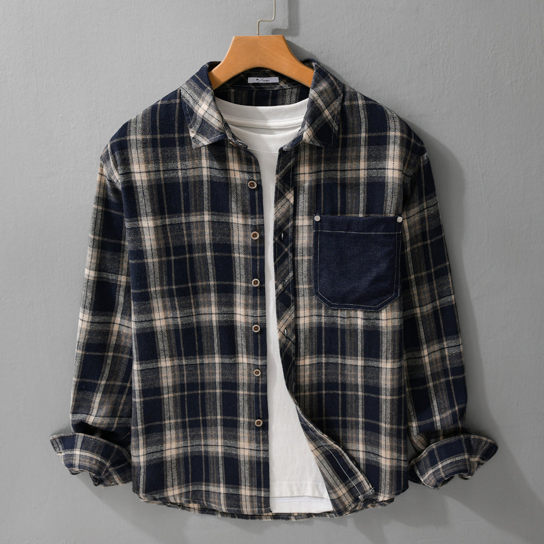 Herren kariertes Flanell-Overshirt im Relaxed-Fit mit kontrastierter Brusttasche Echoarchiv