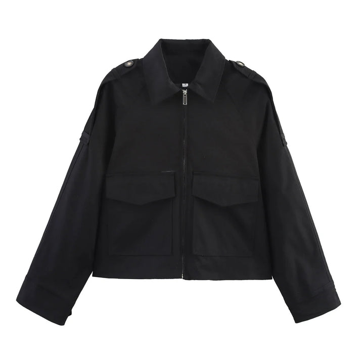 Damen kurze Utility-Blousonjacke mit aufgesetzten Klappentaschen und Epauletten – Célinea