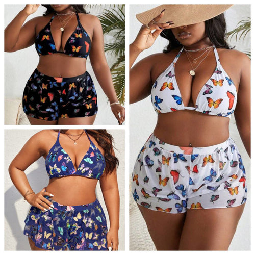Damen Bikiniset mit modischen Shorts und buntem Schmetterlingsdesign Echo Archiv