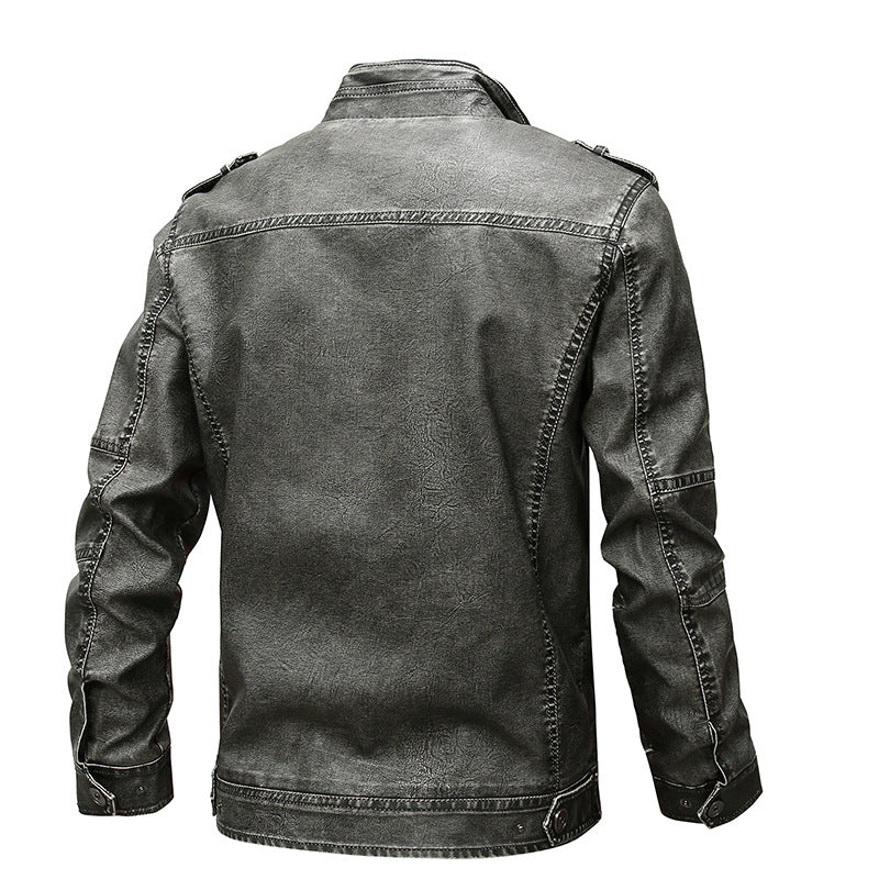 Herren Lässige Kunstleder-Bikerjacke mit Stehkragen, Reißverschluss-Front und Utility-Taschen Echoarchiv