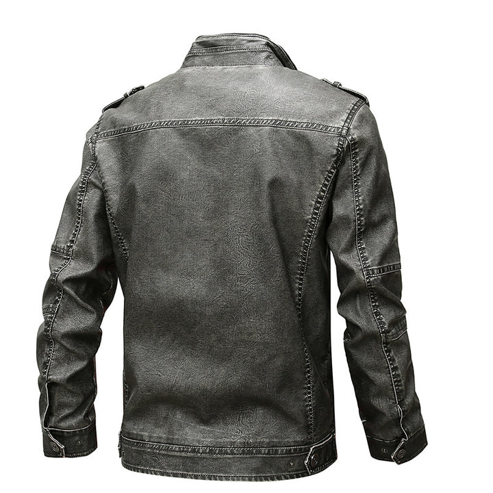 Herren Lässige Kunstleder-Bikerjacke mit Stehkragen, Reißverschluss-Front und Utility-Taschen Echoarchiv