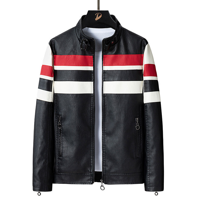Herren Retro‑Racer Kunstlederblouson mit Stehkragen, kontrastierenden Streifen und Zwei‑Wege‑Reißverschluss Echo Archiv