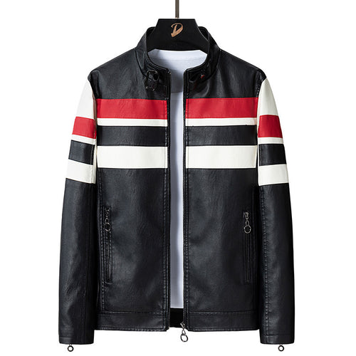 Herren Retro‑Racer Kunstlederblouson mit Stehkragen, kontrastierenden Streifen und Zwei‑Wege‑Reißverschluss Echo Archiv