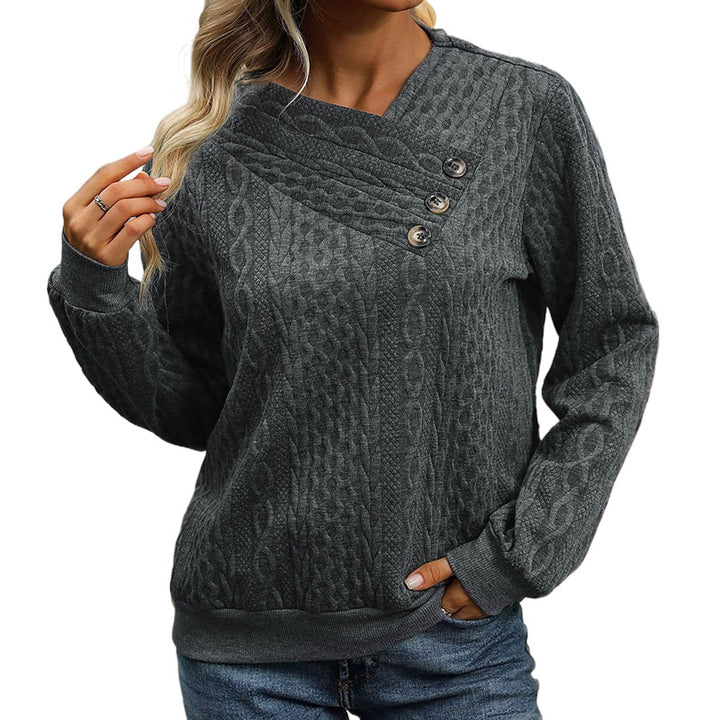 Damen Strukturierter Zopfstrick-Pullover mit asymmetrischer Knopfleiste & Rundhalsausschnitt Echoarchiv