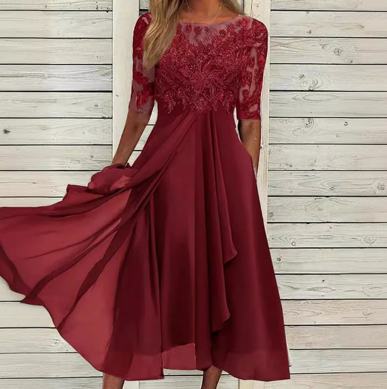 Damen nan elegantes Cocktailkleid mit bestickter Korsage, U-Boot-Ausschnitt und fließendem Chiffonrock Echo Archiv