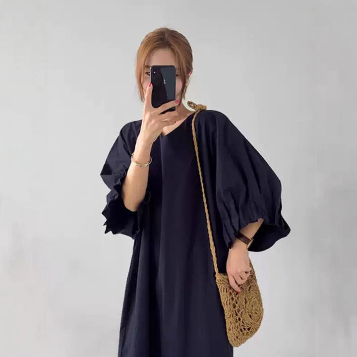 Damen Oversized V-Ausschnitt Baumwollkleid mit Volantärmeln Echoarchiv
