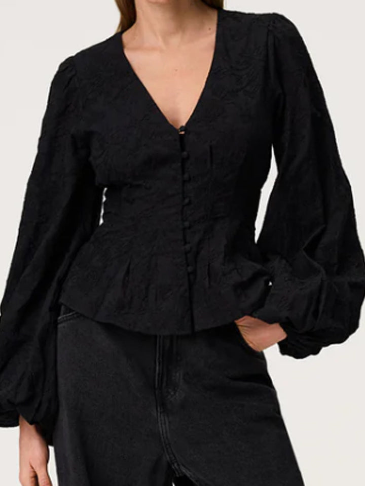 Damen Jacquard-Spitzenbluse mit tailliertem Schößchen und Ballonärmeln Echoarchiv