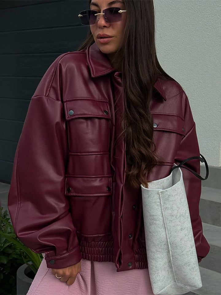 Damen Oversize Kunstlederjacke mit aufgesetzten Druckknopf-Taschen und elastischem Saum Echoarchiv