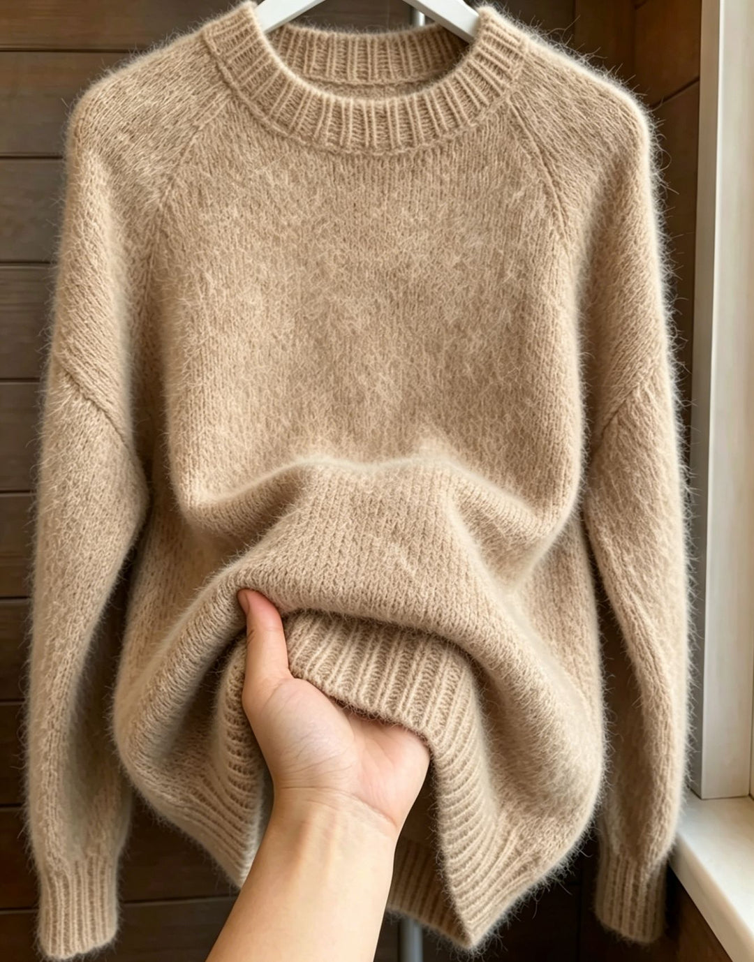 Damen Oversize Mohair‑Mix Rundhalspullover mit Raglanärmeln und geripptem Saum – Mavelle