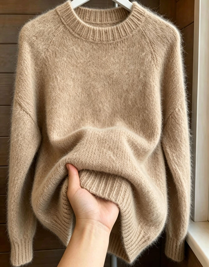 Damen Oversize Mohair‑Mix Rundhalspullover mit Raglanärmeln und geripptem Saum – Mavelle