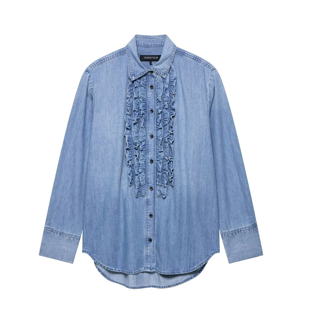 Damen nan Chambray-Bluse mit Rüschenknopfleiste, Hemdkragen und verlängertem Saum Echo Archiv