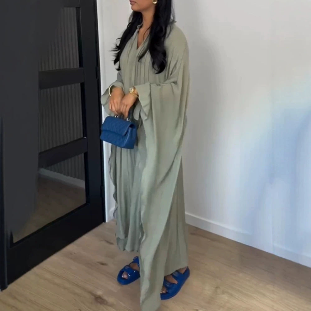 Damen Maxikleid im Kaftan-Stil mit Rüschenkragen, Bindebändern und voluminösen Ärmeln Echoarchiv