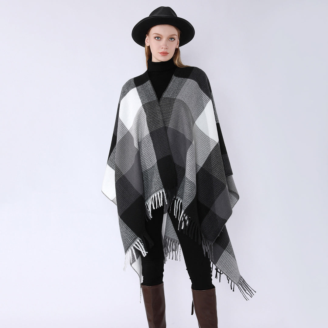 Damen Weichfallender Oversize-Poncho im Plaid-Webmuster mit V-Kragen und Fransensaum Echo Archiv