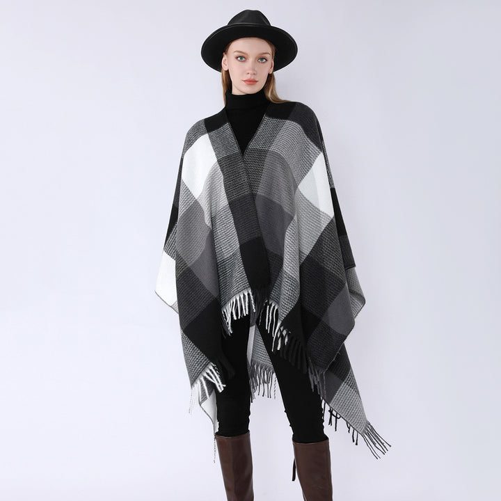 Damen Weichfallender Oversize-Poncho im Plaid-Webmuster mit V-Kragen und Fransensaum Echo Archiv