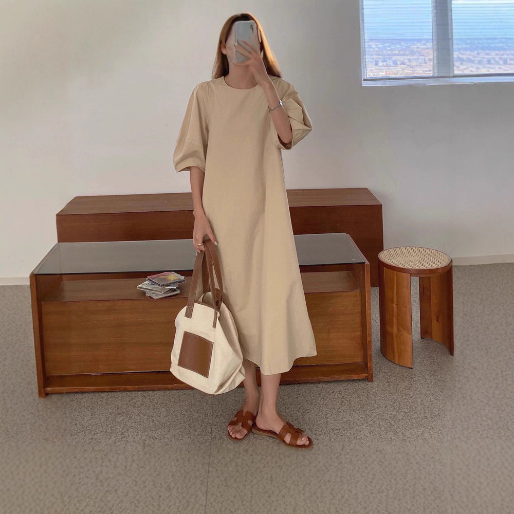 Damen Leichtes A-Linien Midikleid aus Baumwoll-Popeline mit ballonförmigen Ellenbogenärmeln – Élara