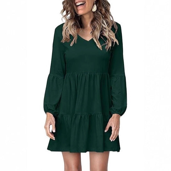Damen Stufiges Mini-Kleid mit V-Ausschnitt und Ballonärmeln – Élara