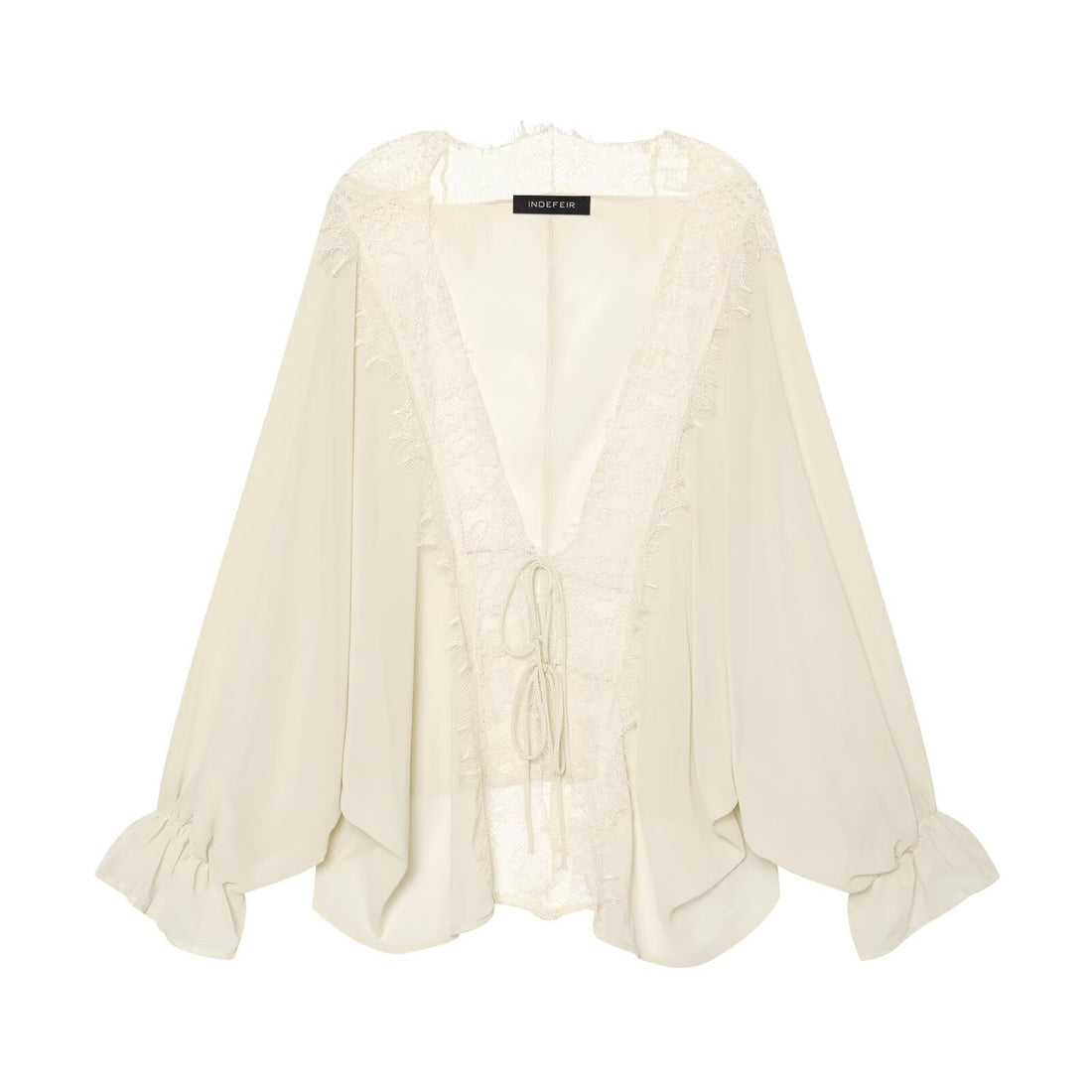 Damen Fließende Kimono‑Bluse mit Spitzenbesatz und Bindeband Echoarchiv