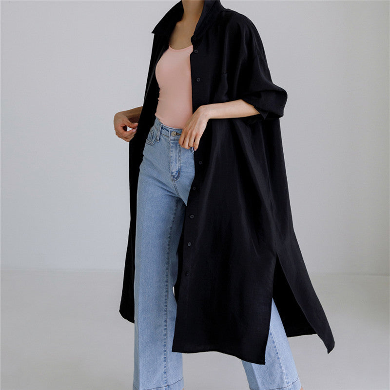 Damen Weites Oversize-Hemdblusenkleid mit Brusttasche und hohen Seitenschlitzen – Lunéa