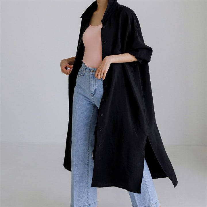 Damen Weites Oversize-Hemdblusenkleid mit Brusttasche und hohen Seitenschlitzen – Lunéa