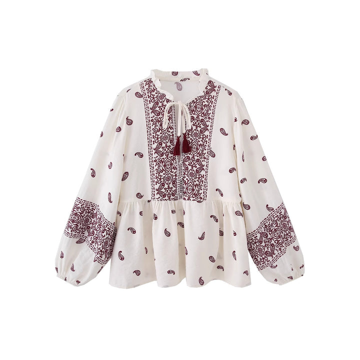 Damen boho Paisley Tunika-Bluse mit Quastenbindegürtel und voluminösen Ballonärmeln – Élovi