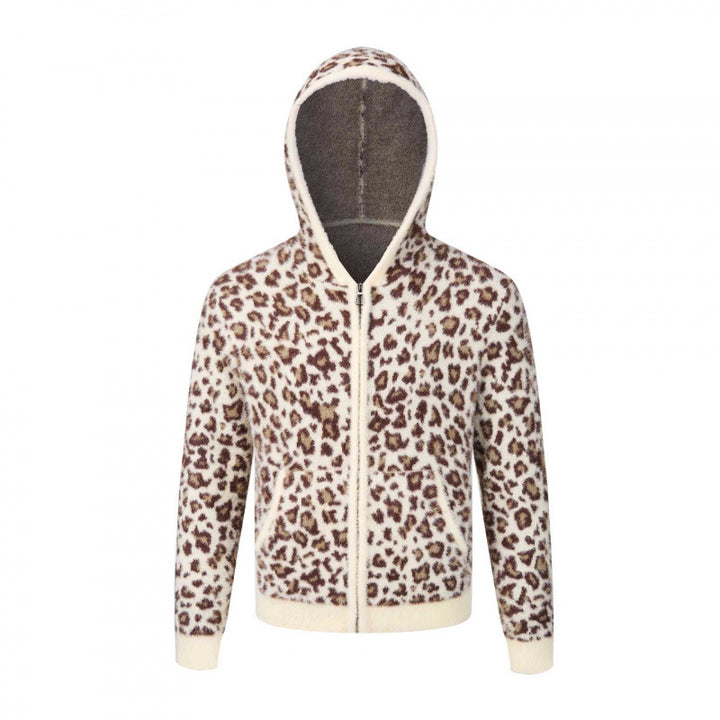Damen Kapuzen-Fleecejacke aus Teddystoff mit Leopardenmuster und Reißverschluss Echo Archiv