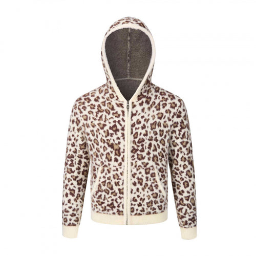 Damen Kapuzen-Fleecejacke aus Teddystoff mit Leopardenmuster und Reißverschluss Echo Archiv
