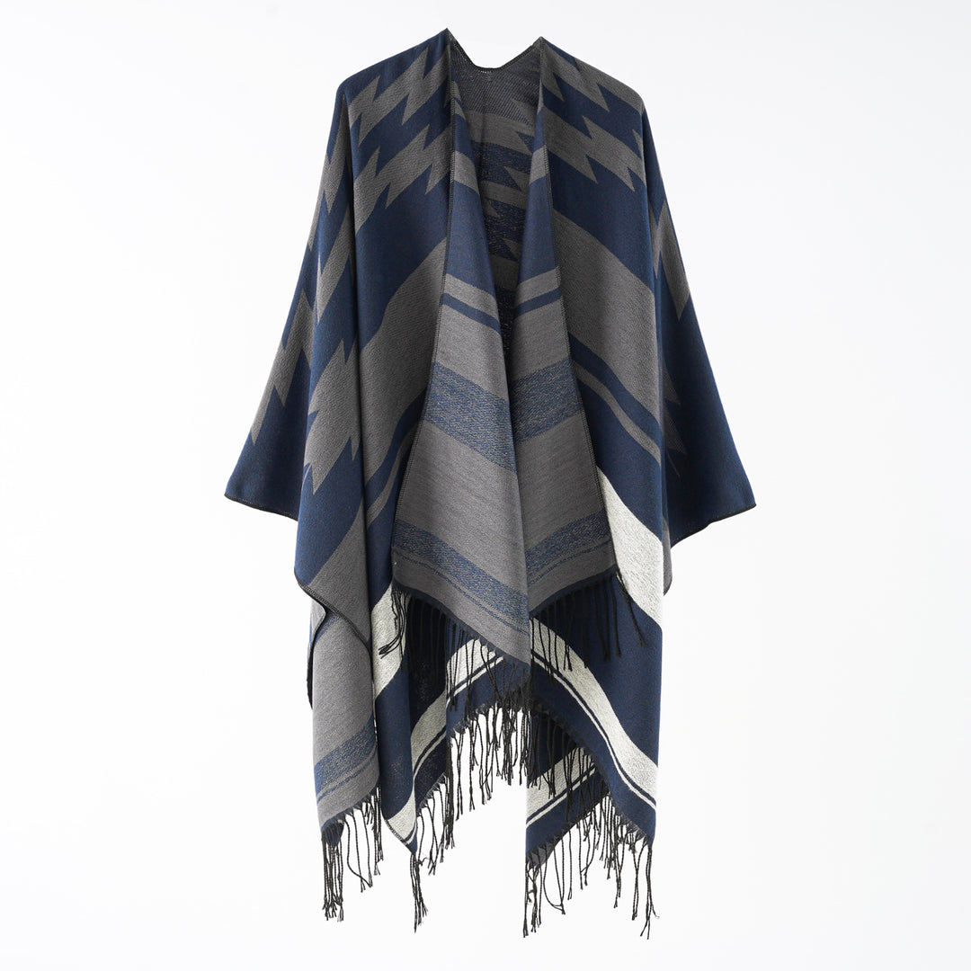 Damen Langer Reversfreier Webponcho im Umhangstil mit dezentem Zackenmuster und Fransensaum – Montévia