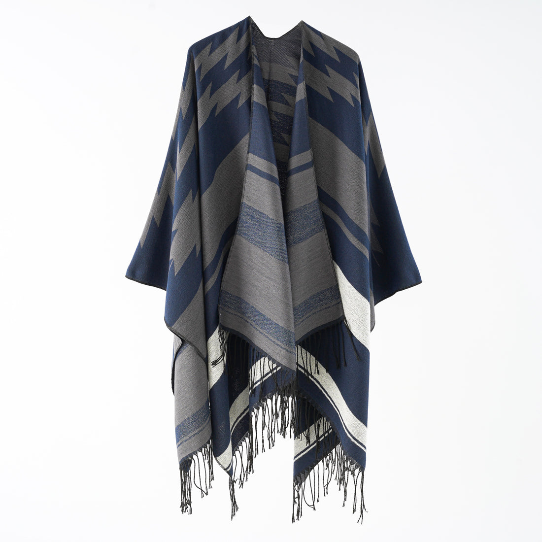 Damen Langer Reversfreier Webponcho im Umhangstil mit dezentem Zackenmuster und Fransensaum – Montévia