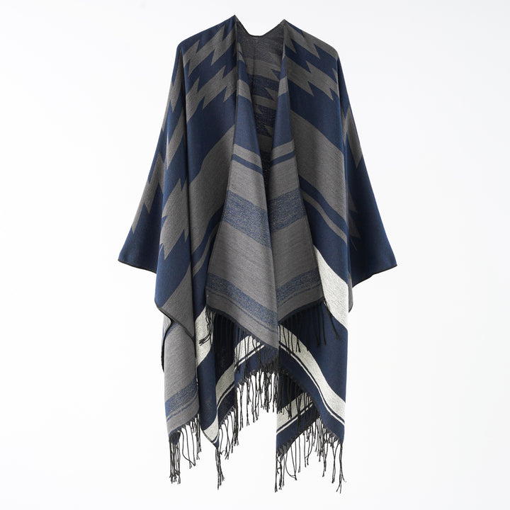 Damen Langer Reversfreier Webponcho im Umhangstil mit dezentem Zackenmuster und Fransensaum – Montévia