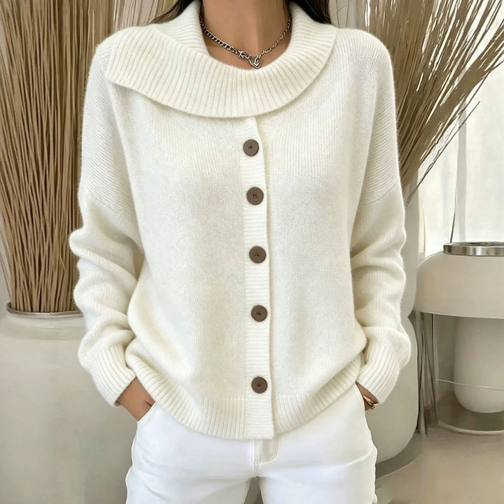 Damen Kuscheliger Knopf-Cardigan mit breitem Rollkragen und gerippten Bündchen – Veloura