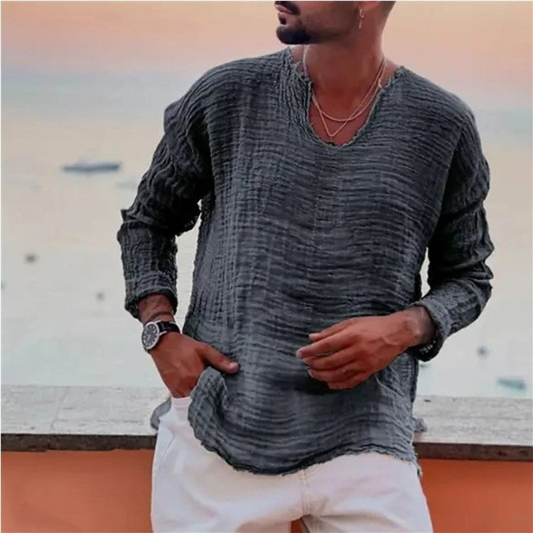 Herren lässiges V-Neck Leinenhemd Echoarchiv