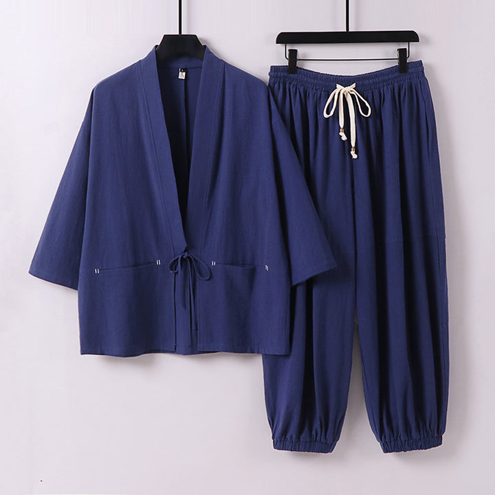Unisex Lockeres Kimono-Loungewear-Set aus atmungsaktivem Baumwollmix mit Kordelbund und gerafften Knöcheln Echoarchiv