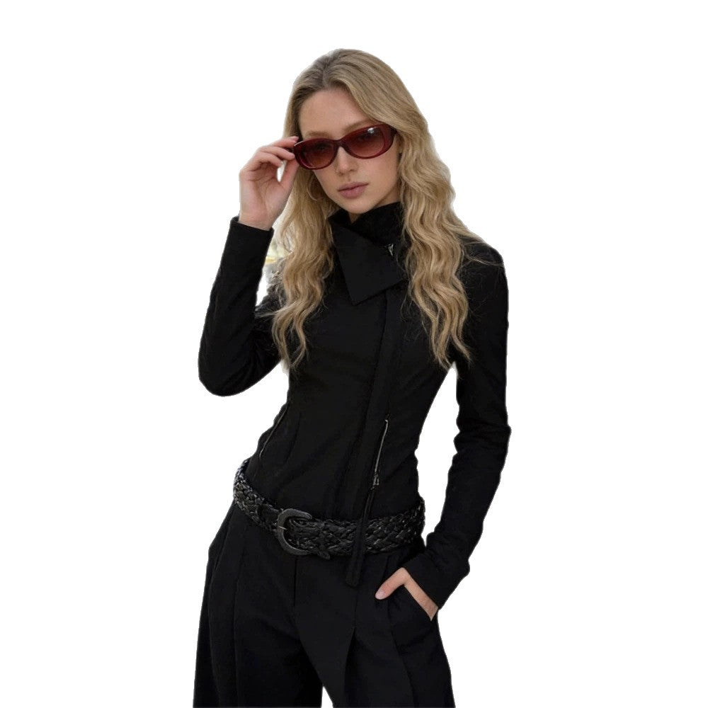 Damen Taillierte Zip-Jacke mit asymmetrischem Kragen und figurformender Silhouette Echoarchiv