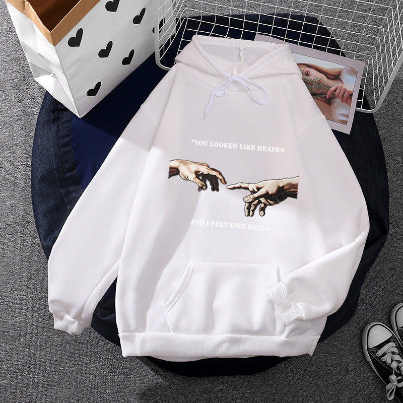 Damen Oversize Kapuzenpullover mit Kängurutasche und Renaissance‑Handmotiv, weiches Fleece Innenfutter – Auréline