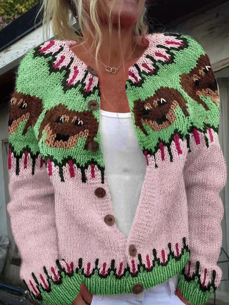 Damen nan gemusterte Strickjacke mit Rundpasse, Holzknöpfen und Eingrifftaschen Echo Archiv