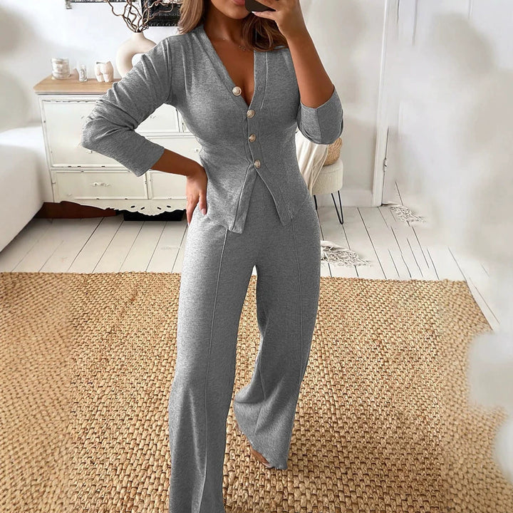 Damen Feines Strick-Set mit tailliertem Knopf-Cardigan und weitem Palazzo-Hose – Veloura