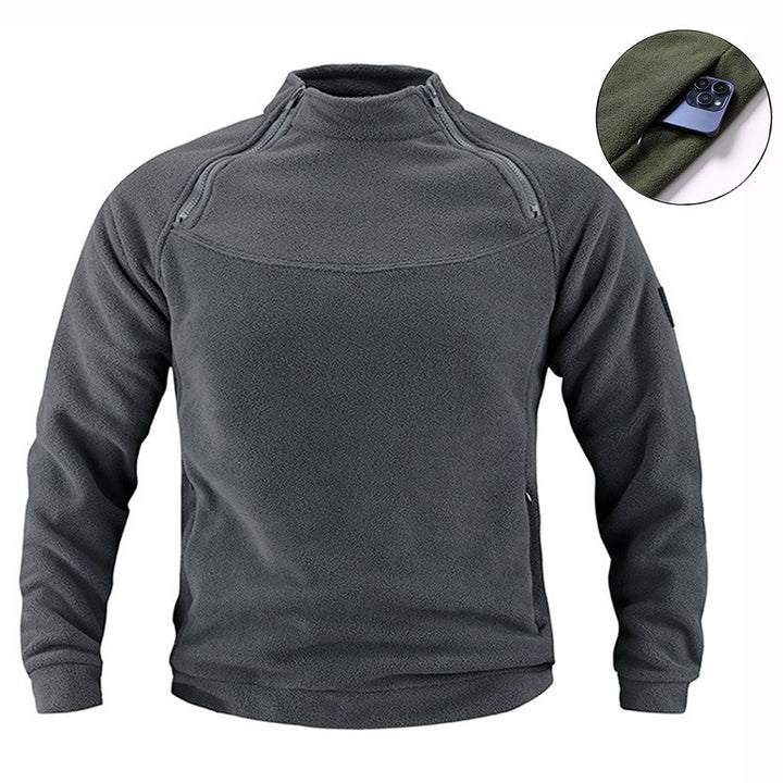 Herren taktischer Fleece-Pullover mit Schulterreißverschlüssen, Kinnschutz und Klettverschlussplatte – Marzano