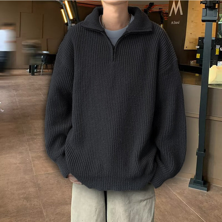 Herren Weicher Oversize-Rippenstrick-Pullover mit verdecktem Halbzip und Polokragen Echoarchiv
