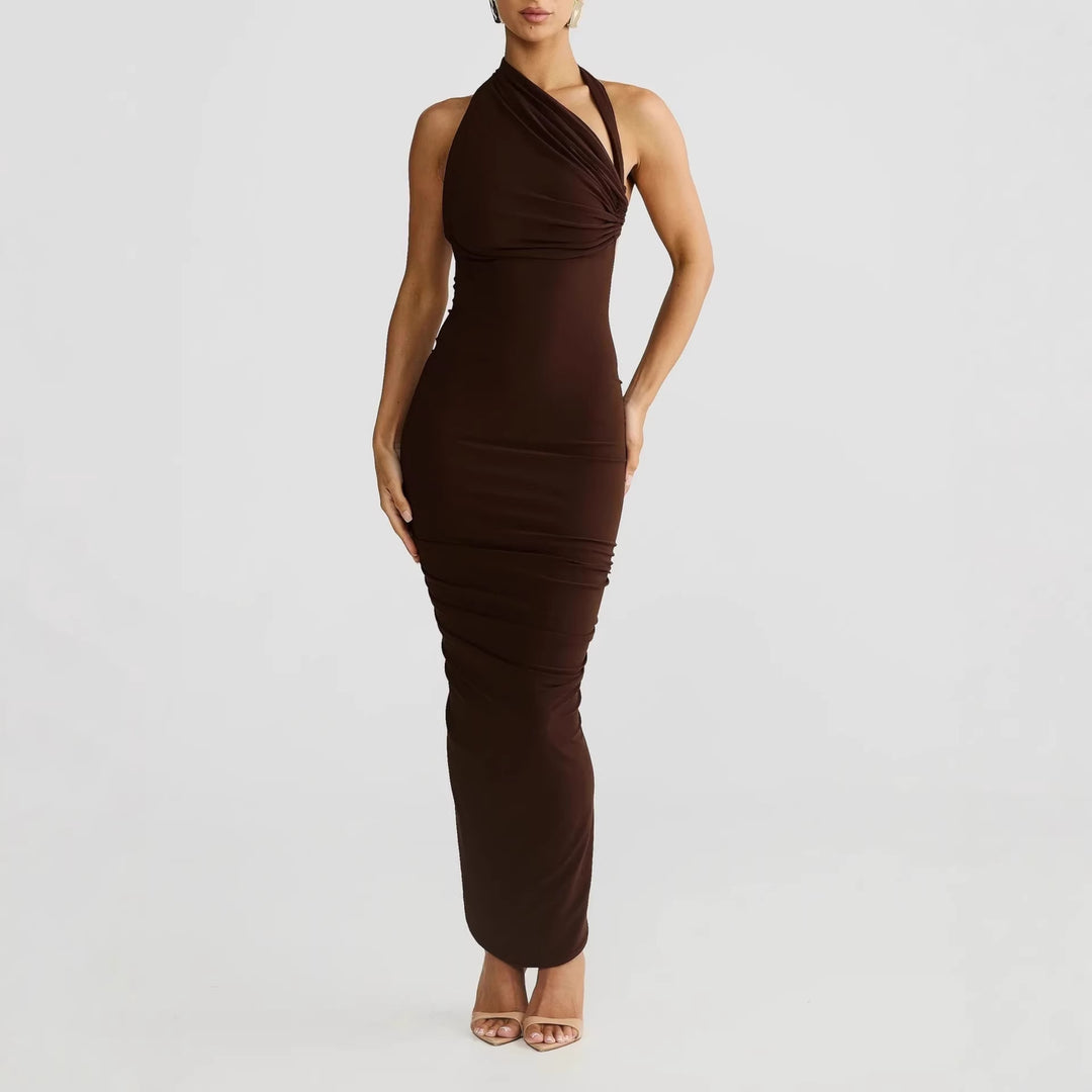 Damen Elegantes langes Wickelkleid mit schulterfreiem Design und gerafftem Oberteil Echo Archiv