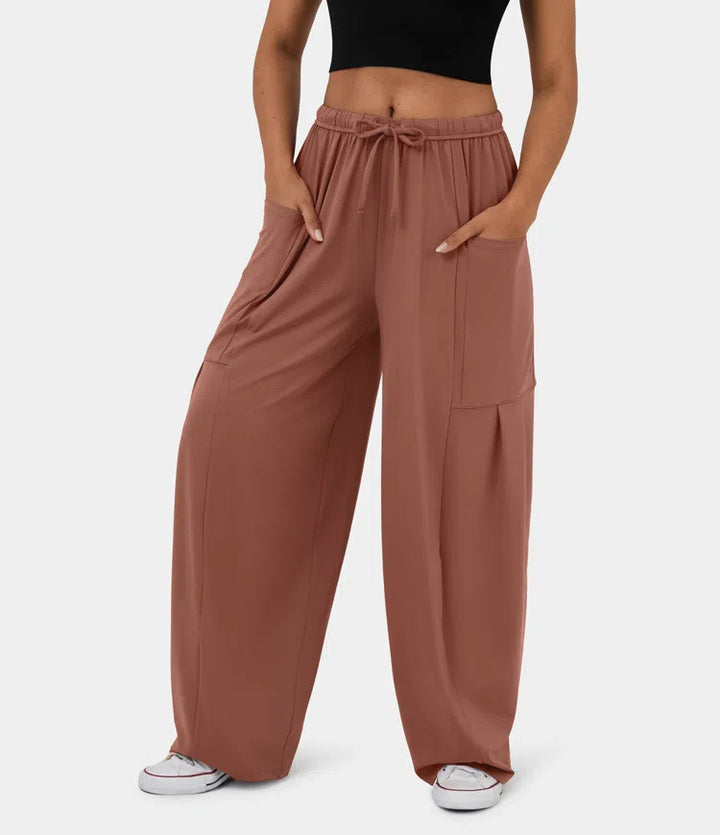 Damen Weite Relax‑Hose mit hohem Elastikbund, Tunnelzug und großen Cargo-Taschen – Avérine