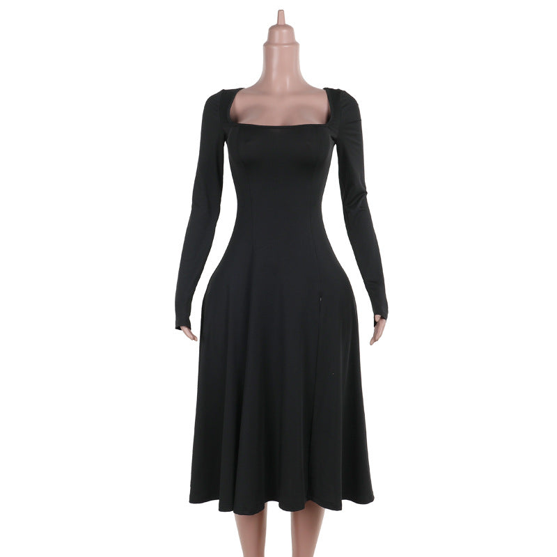 Damen Elegantes Langarmkleid mit quadratischem Ausschnitt und schwingendem Rock Echo Archiv