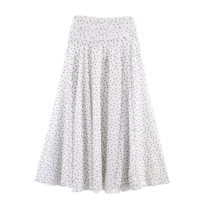 Damen Polka-Dot Midirock mit hohem Bund, A-Linie und mehrlagigem Chiffon Echo Archiv