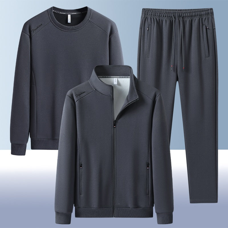 [Herren] Zweiteiliges Trainingsset mit Stehkragen-Zipjacke, Rundhals‑Sweatshirt und konisch geschnittener Jogginghose aus atmungsaktivem Fleece Echoarchiv