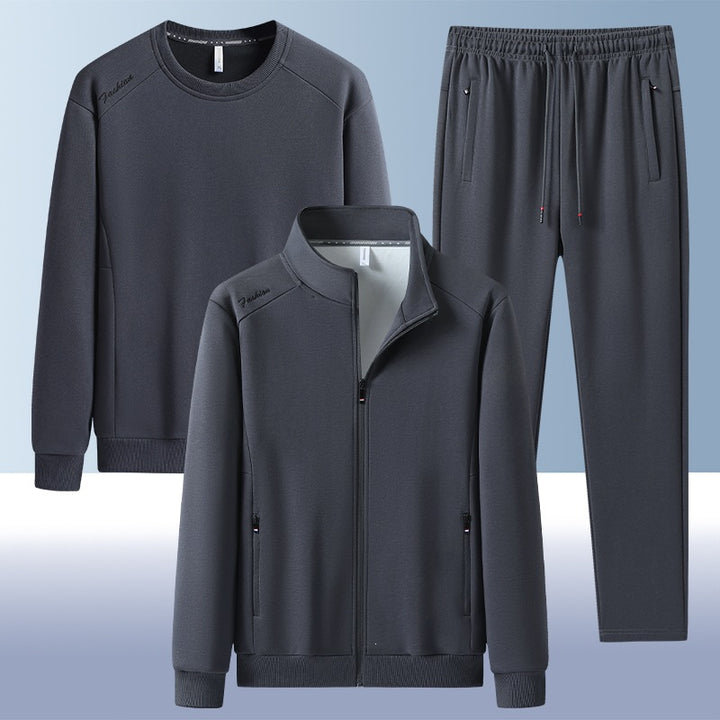 [Herren] Zweiteiliges Trainingsset mit Stehkragen-Zipjacke, Rundhals‑Sweatshirt und konisch geschnittener Jogginghose aus atmungsaktivem Fleece Echoarchiv