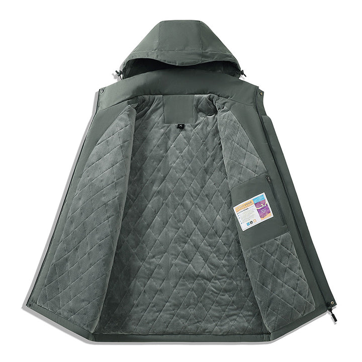 Herren zweifarbige Softshell-Outdoormantel mit winddichter Membran, verstellbarer Kapuze und verdeckter Brusttasche – Taviero