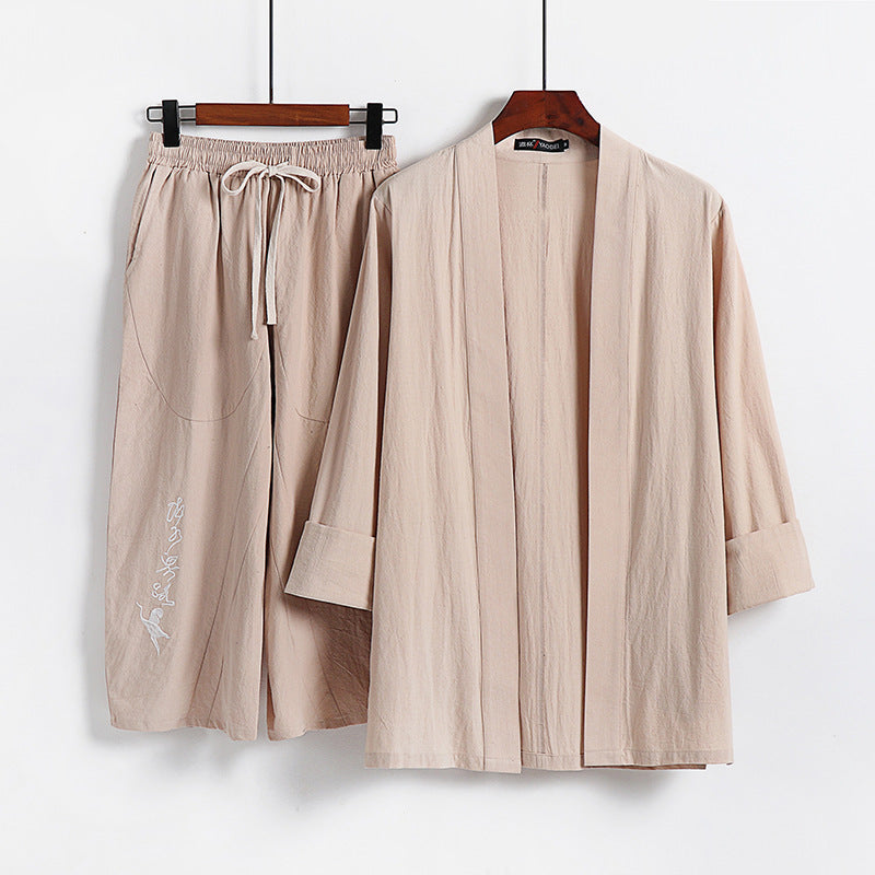 Damen Kimono-Set aus leichter Baumwollmischung offene Jacke mit lässig gekrempelten Ärmeln und weiter Haremshose mit Kordelzug Echoarchiv