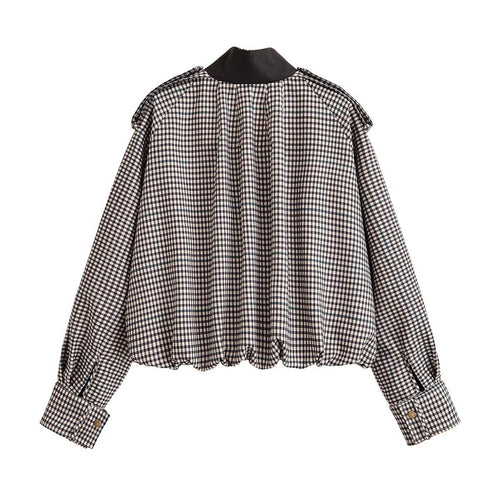 Damen Karierte Cropped-Boxy-Jacke mit Stehkragen, Pattentaschen und elastischem Saum Echoarchiv
