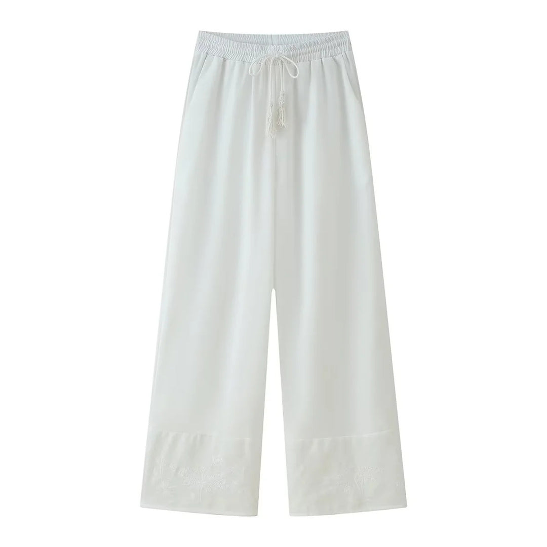 Damen leichte Culotte-Hose mit hohem Elastikbund, verstellbarem Kordelzug, Eingrifftaschen und besticktem Saum – Avélisse