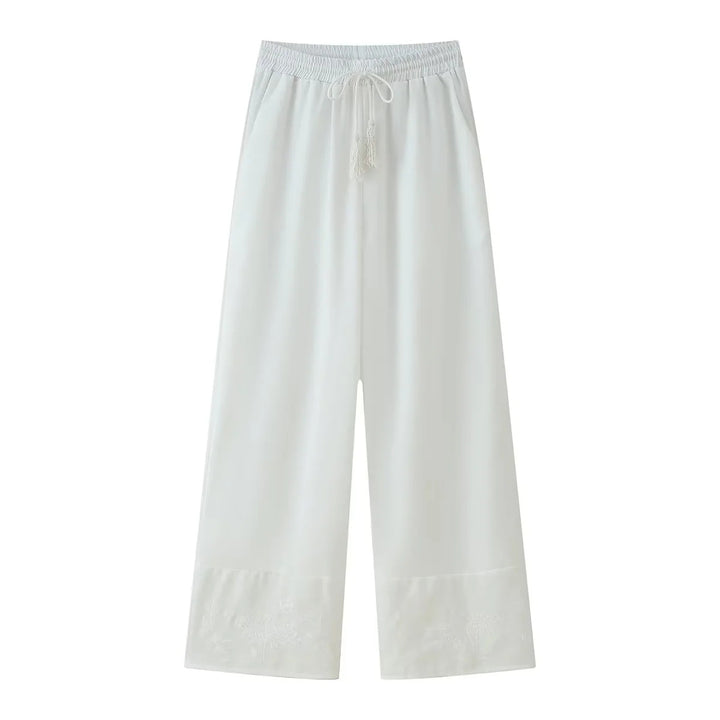 Damen leichte Culotte-Hose mit hohem Elastikbund, verstellbarem Kordelzug, Eingrifftaschen und besticktem Saum – Avélisse